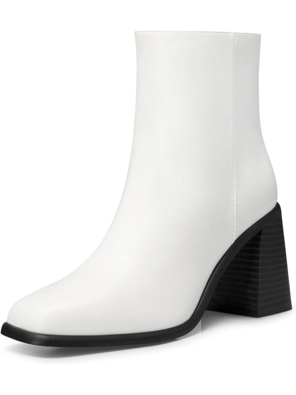 Women's White Square Toe Comfortable Chunky Heel Faux Leather Ankle Boots